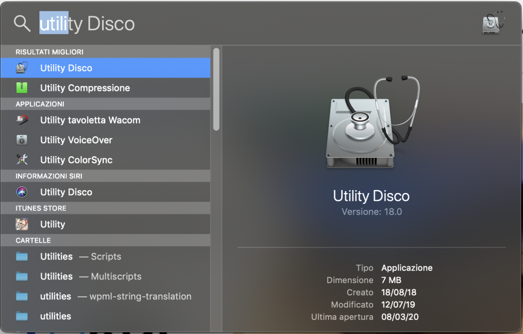 cercare utility disco su mac