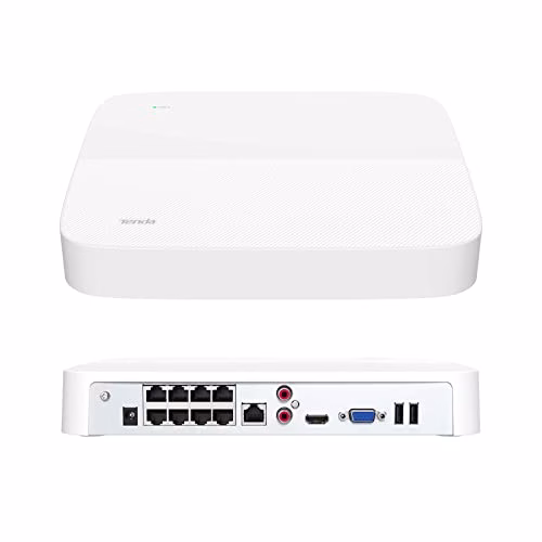 Tenda NVR 8 Canali, 4K PoE NVR Videoregistratore di sorveglianza, Trasmissione a 250m, H.265+, IEEE 802.3af/at, Plug and Play, HDD(fino a 10TB)/Cloud Storage, 4KV Protezione contro i Fulmini, N6P-8H