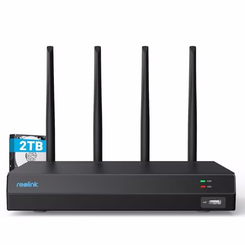 Reolink 4K 12CH NVR, Dual-band Wi-Fi 6, HDD 2TB Integrato, H.265, Supporta le Telecamere Wi-Fi Reolink (tranne la telecamera alimentata a batterie), Accesso Locale e Remoto, Registrazione 24/7, RLN12W