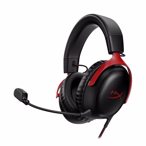 HyperX Cloud III, Cuffie da Gaming con Cavo USB-C, Controlli Audio Integrati, Telaio in Alluminio, Cuscinetti in Memory Foam Rivestiti in Similpelle, Adatto per PS4, Xbox e PC, Nero/Rosso