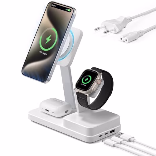 ESR Stazione di Ricarica GaN 100W con CryoBoost 6-in-1, Adatto alla Ricarica MagSafe, Caricatore Wireless Magnetico per iPhone 15/14/13/12, Apple Watch, AirPods Pro/3/2 e dispositivi USB-C/A, Bianco