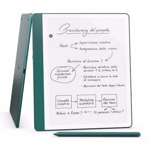 Nuovo Amazon Kindle Scribe (64 GB) | Schermo ridisegnato con bordi uniformi, scrittura diretta su libri e documenti | Penna premium inclusa | Verde metallizzato