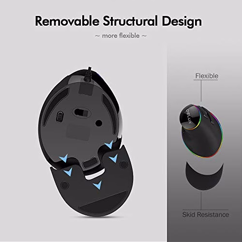 DeLUX Mouse Verticale Con Filo, Mouse Ergonomico Con Illuminazione RGB, 800-4000 DPI, 6 Pulsanti, Poggiapolsi Rimovibile, per il Tunnel Carpale, per PC/Computer/Portatile/Mac/Laptop (RGB-Wired)