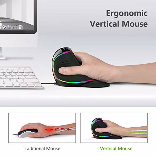 DeLUX Mouse Verticale Con Filo, Mouse Ergonomico Con Illuminazione RGB, 800-4000 DPI, 6 Pulsanti, Poggiapolsi Rimovibile, per il Tunnel Carpale, per PC/Computer/Portatile/Mac/Laptop (RGB-Wired)
