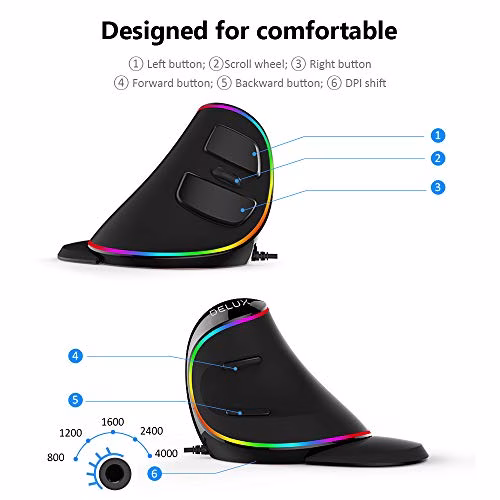 DeLUX Mouse Verticale Con Filo, Mouse Ergonomico Con Illuminazione RGB, 800-4000 DPI, 6 Pulsanti, Poggiapolsi Rimovibile, per il Tunnel Carpale, per PC/Computer/Portatile/Mac/Laptop (RGB-Wired)