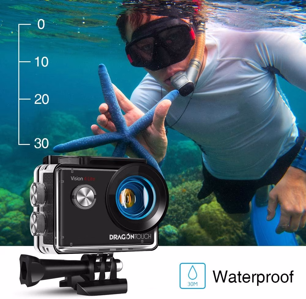 Dragon Touch Action Cam 4K 20MP WiFi Subacquea Ultra HD Fotocamera, Schermo da 2 Pollici 170° Grandangolare, 1050mAh Batterie Custodia 30M Impermeabile con Telecomando e 20 Kit di Accessori